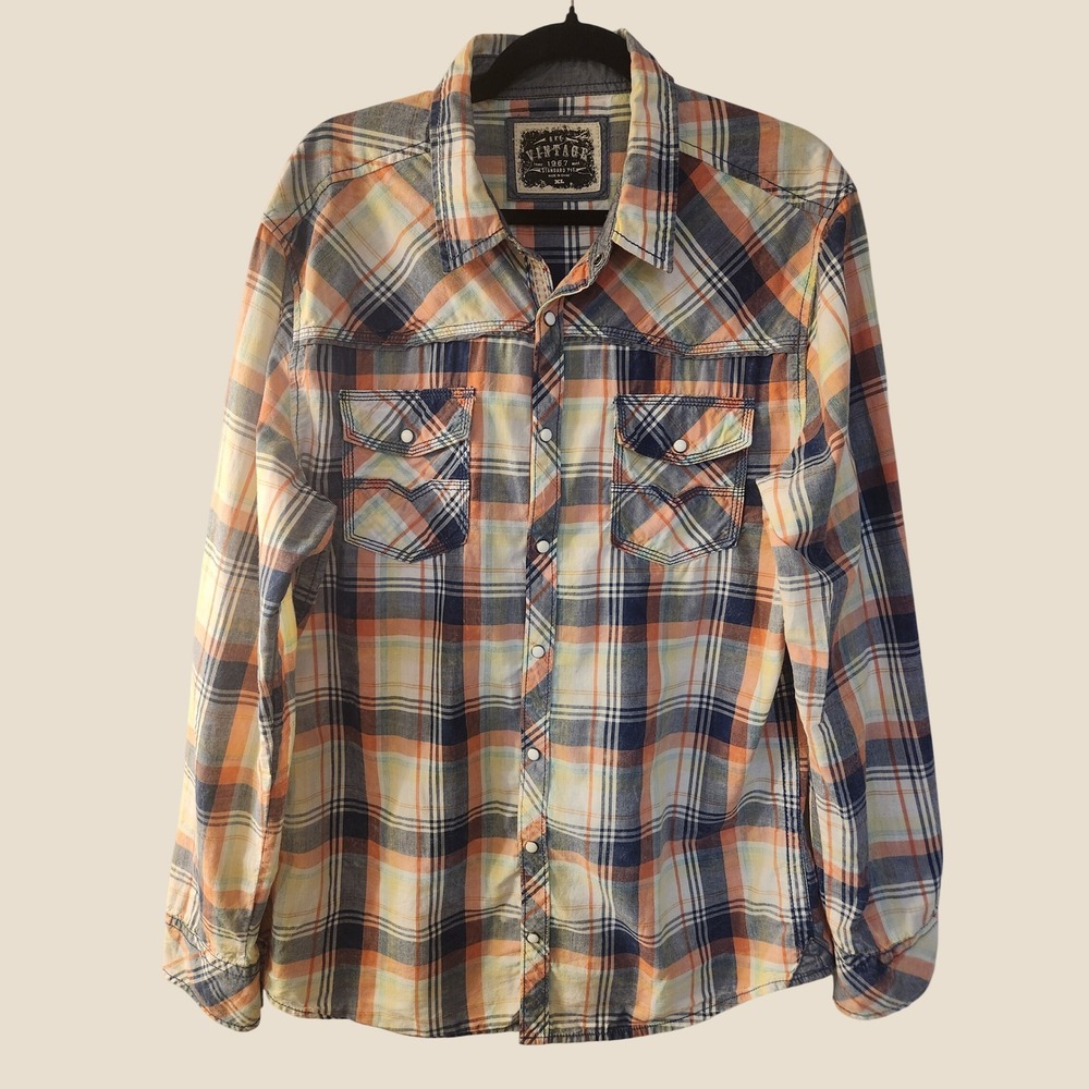 BKE Vintage 1967 Mens XL Plaid Western Pearl Snap Shirt Outdoor Utility Oversize